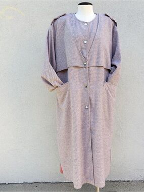 Vintage long light wooly Button-Front Coat in pink-grey Check 90s